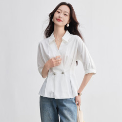 尚都比拉 轻时尚通勤衬衫女五分袖气质设计感双排扣门襟收腰衬衣