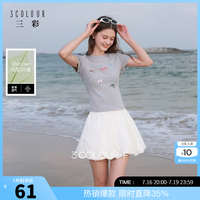 三彩 2026夏季新款蝴蝶结印花T恤短款修身套头小个子上衣F 花灰色 S 155/80A