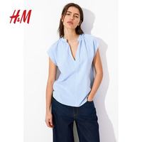 H&M 女装衬衫夏季宽松短袖中式立领慵懒松弛感衬衣极简衬衫1260350 蓝色/白色条纹 S 160/88