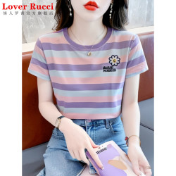 LOVER RUCCI 夏季纯棉刺绣短袖t恤女装2026新款体恤衫宽松显瘦条纹女士上衣服 紫色 S