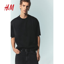 H&M 男装女装T恤夏季重磅宽松美式潮流棉质圆领短袖情侣上衣1035207 黑色029 S 170/92A