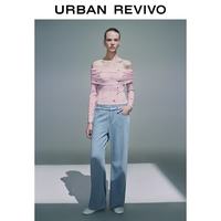 URBAN REVIVO UYY860083 撞色拼接格纹花边 蓝色 26 女士牛仔裤