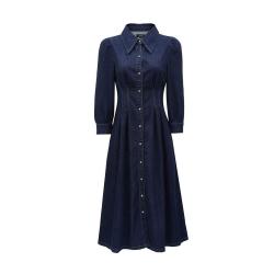 VERO MODA 复古高级 女士连衣裙 秋收腰泡泡袖牛仔衬衫裙