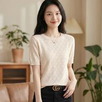 马克华菲 女装纯棉六边形镂空短袖针织纯色上衣女夏季T恤透气舒适