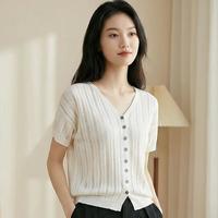 马克华菲 女装100%莱赛尔天丝镂空开衫V领T恤衫时尚针织衫
