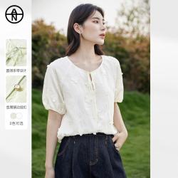 DUIBAI 夏装新中式女式圆领小衫国风刺绣衬衫