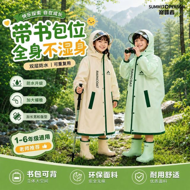 巅峰者 儿童宝宝防水加厚加长防雨帽檐雨披