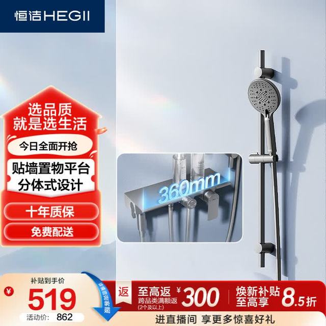 恒洁 淋浴花洒 贴墙置物小户型卫生间增压花洒DMF972-313-SH