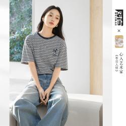 DUIBAI 撞色条纹短袖T恤女2026夏装莱赛尔宽松上衣