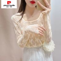 皮尔·卡丹 皮尔卡丹（pierre cardin）透明雷丝上衣女蕾丝打底衫毛衣内搭透视网纱长袖黑色薄沙镂空纱衣