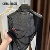 圣罗地奥 夏天衣服纱衣外穿软糯堆堆领打底衫女春秋高级感透明网纱上衣紧身 雅典黑 M 90-100斤