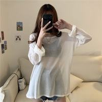 SHILANLUNSA 网纱防晒衣罩衫长袖t恤女夏季薄款内搭减龄盐系超仙上衣打底衫ins 白色 均码