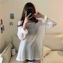SHILANLUNSA 网纱防晒衣罩衫长袖t恤女夏季薄款内搭减龄盐系超仙上衣打底衫ins 白色 均码