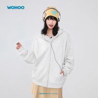 WOHOO 美式纯色连帽拉链开衫卫衣