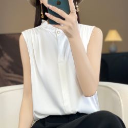 时尚气质木耳花边无袖T恤缎面百搭外穿夏季女背心打底洋气显瘦F36