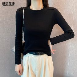 鹭岛故事圆领鱼骨长袖t恤女春秋修身内搭纯色打底衫显瘦百搭上衣