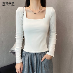 鹭岛故事白色方领长袖t恤女春秋2026新款内搭修身打底衫显瘦上衣