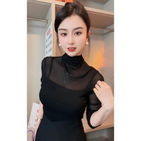 半高领拼纱微透长袖T恤女2026新款爆款秋冬打底衫风情万种的上衣