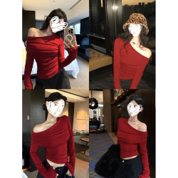 网红洋气炸街斜肩褶皱内搭长袖T恤女秋冬修身显瘦新年红色打底衫