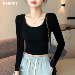 RSRDDY 黑色低领打底衫女内搭春秋冬季新款洋气短款t恤长袖露脐修身上衣