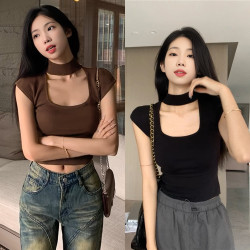 挂脖网红短袖T恤女收腰紧身显瘦打底衫正肩百搭女上衣基础款