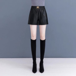 皮短裤女休闲时尚短款黑色高腰大码新款宽松显瘦皮短裤外穿春秋款