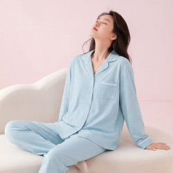 芬腾 睡衣女带胸垫抑菌纯棉26春夏新款睡衣女士翻领开衫长袖家居服套装 长袖款-冰兰 XL