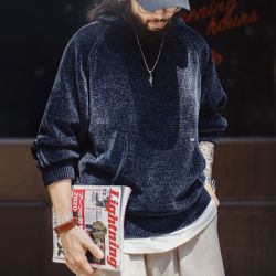 马登 工装美式雪尼尔连帽卫衣套头复古保暖灯芯绒加厚帽衫外套男春冬款 藏青色  L