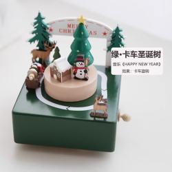 木易 实木质创意饰品八音盒摆件手工天空之城音乐盒生日毕业礼物装饰 绿卡车圣诞树《HAPPY new year》