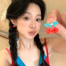 半日逅屿 樱桃甜心夏日多巴胺串珠樱桃耳钉女甜美气质耳环小众设计 樱桃耳钉