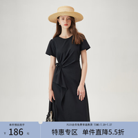 范思蓝恩 夏季圆领抽绳褶皱设计感连衣裙高腰A字裙女 黑色 M