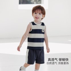 巴厘小猪 男童套装夏季背心两件套宝宝无袖条纹衣服婴幼儿纯棉凉感儿童夏装