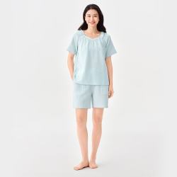 全棉时代 女士空气褶皱纱素色桃心领套头家居套装