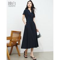 晚白 冰丝棉V领收腰牛仔蓝连衣裙女