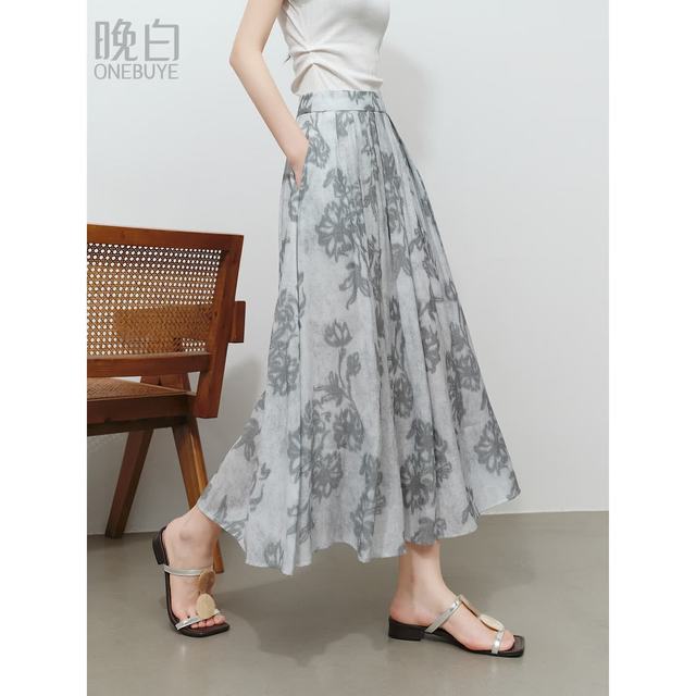 PLUS会员：晚白 水墨印花麻感高腰A字半身裙 花灰色