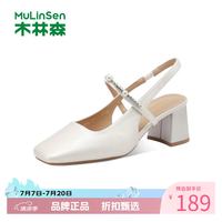 木林森 女士夏季包头凉鞋 法式粗高跟鞋子一字带穆勒鞋百搭时尚休闲单鞋