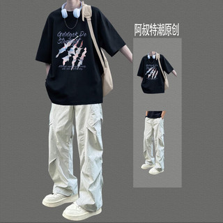 卡度顿 短袖T恤套装 粉抓痕黑+侧盖裤灰 M码 2件套