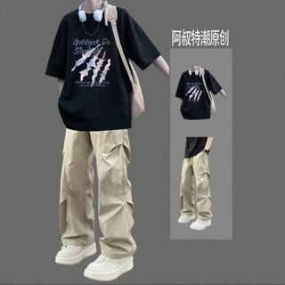 卡度顿 潮流短袖T恤套装 粉抓痕黑+侧盖裤卡其 2XL