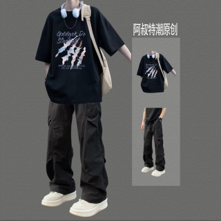 卡度顿 潮流短袖T恤 粉抓痕黑+侧盖裤黑 S码 2件套
