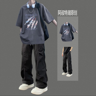 卡度顿 潮流短袖T恤 粉抓痕深灰+侧盖裤黑 L码 2件套