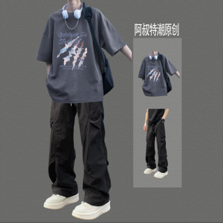 卡度顿 潮流短袖T恤 粉抓痕深灰+侧盖裤黑 L码 2件套