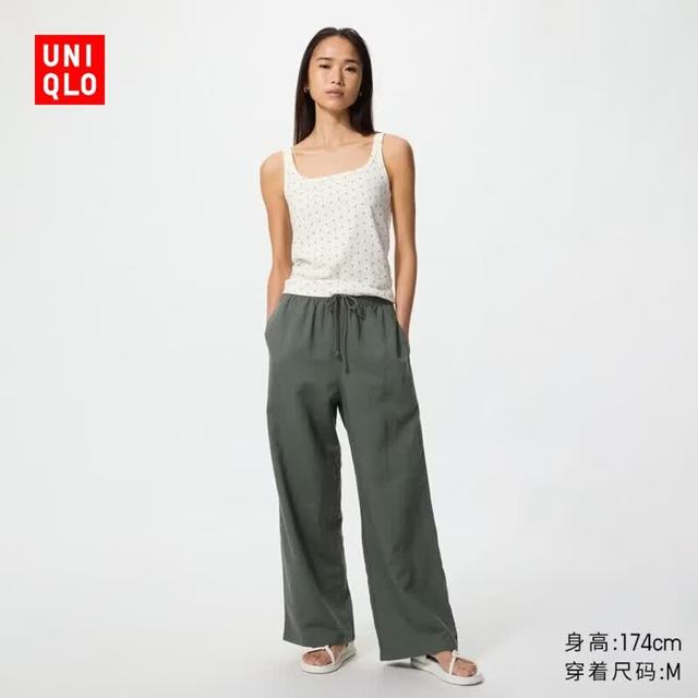 优衣库 麻混纺舒适长裤/常规款女装/休闲裤26春夏新款482246 58 深绿色