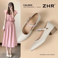 ZHR 头层牛皮粗跟玛丽珍鞋 女士单鞋