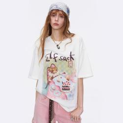 妖精的口袋 女士撞色拼接印花插肩袖T恤