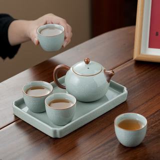 艾格辰 汝窑天青龙蛋壶一壶两杯+干泡盘 整套茶具
