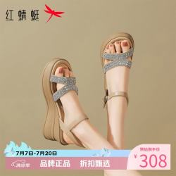 红蜻蜓 女鞋休闲坡跟水钻凉鞋 夏季轻便一字带凉鞋运动优雅女士高跟凉鞋