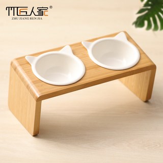 竹匠人家 陶瓷双碗高脚防打翻猫狗食盆