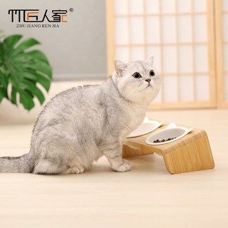 竹匠人家 陶瓷双碗高脚防打翻猫狗食盆