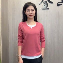金六指春装新款时尚纯色剪刀领假两件百搭独特长袖打底衫