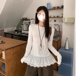 超火白色蕾丝花边内搭打底衫女秋冬叠穿韩系时尚长袖t恤小上衣